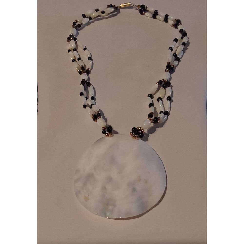 Beautiful Handcrafted Mother of Pearl Medallion~Black Onyx Beaded Pendant Neckla
